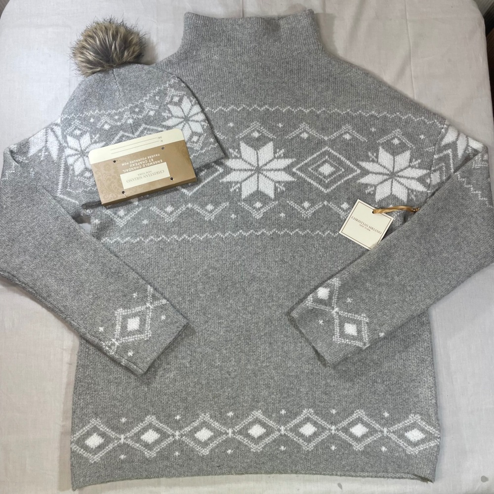 Christian Siriano Gray Fair Isle Mock Neck Sweater and Beanie Set NWT Medium